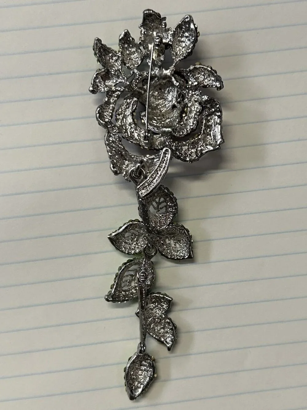 Purple/Lavender Rose Crystal Brooch with Green Leaves 5.5 inch